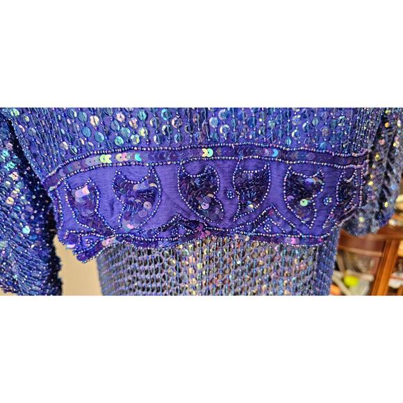 Vintage Women's Fully Sequin Beaded Silk Long‎ Sleeve Top & Skirt Set Large Blue - Picture 6 of 9